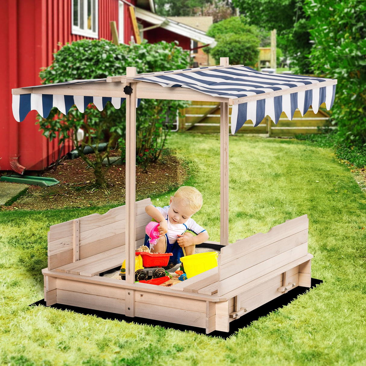 Outsunny Wooden Kids Sandbox with Cover, Children Outdoor Sand Box with Foldable Bench Seats, Adjustable Canopy, Bottom Liner for Outdoor, Natural Outsunny