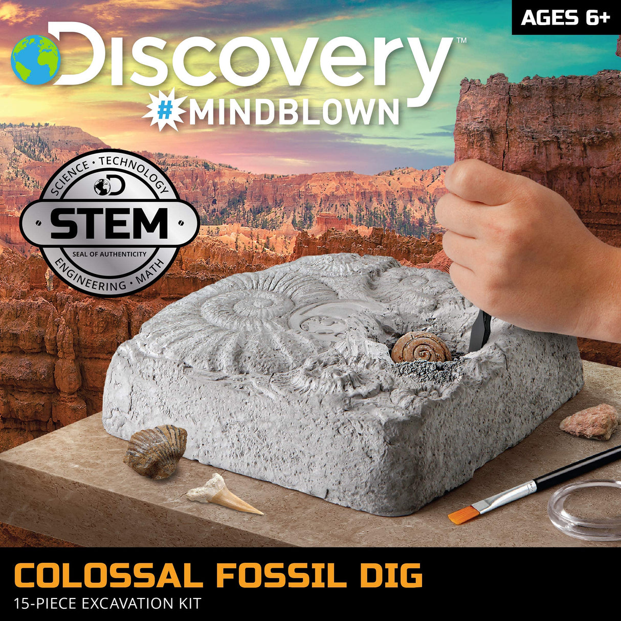 Discovery™ Colossal Fossil Dig Set, 15-Piece Archeology Excavation Kit, Uncover Real Shark Teeth & More, Every Fossil Set is Unique, STEM Toys for Boys and Girls Discovery Kids