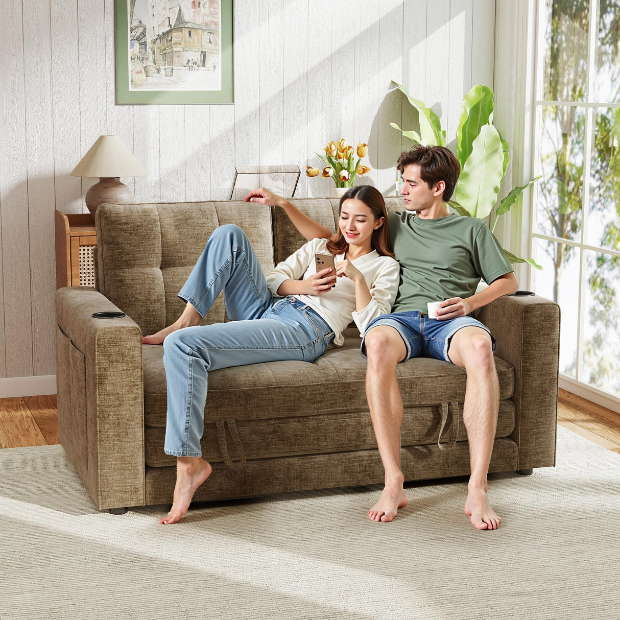 WorthFurni Convertible Sofa Bed, Folding Sofa Bed 2 in1 Pull Out Loveseat Sleeper Sofa, Floor Sofa Bed for Small Spaces Folding Couch Bed with Pillows for Living Room Bedroom - Brown WorthFurni