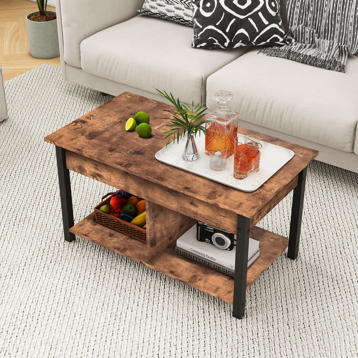 HOMERECOMMEND Lift Top Coffee Table with Storage Shelf and Hidden Compartments,Coffee Tables for for Living Room,Rustic Brown Lift Top Coffee Table HOMERECOMMEND