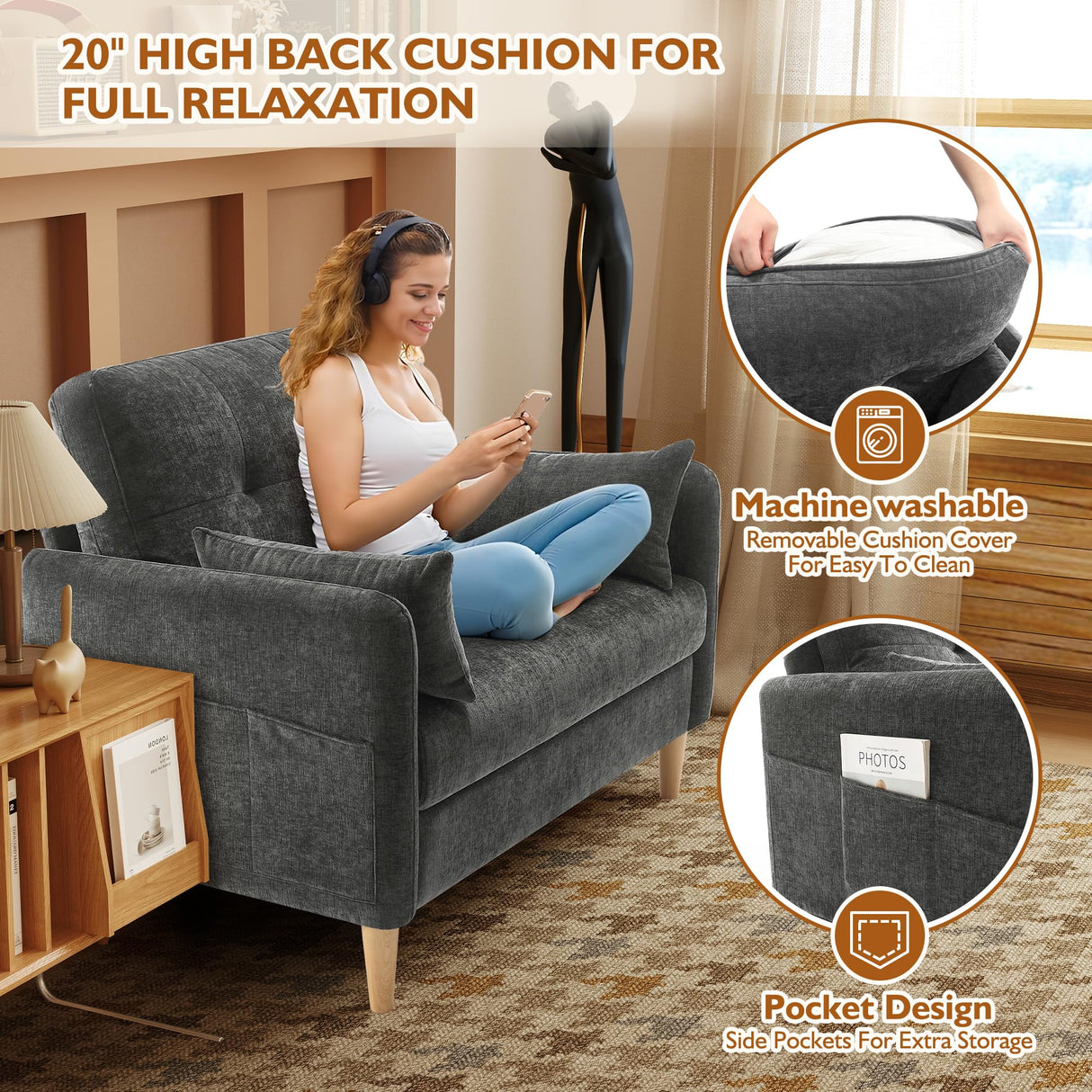 Urhanherry 47" Small Sofa Couch for Bedroom, Soft Chenille loveseat Mini Couch with Throw Pillow and Removable Cushion Cover for Small Spaces, Living Room, Apartment, Dorm, Office(Dark Grey) Urhanherry