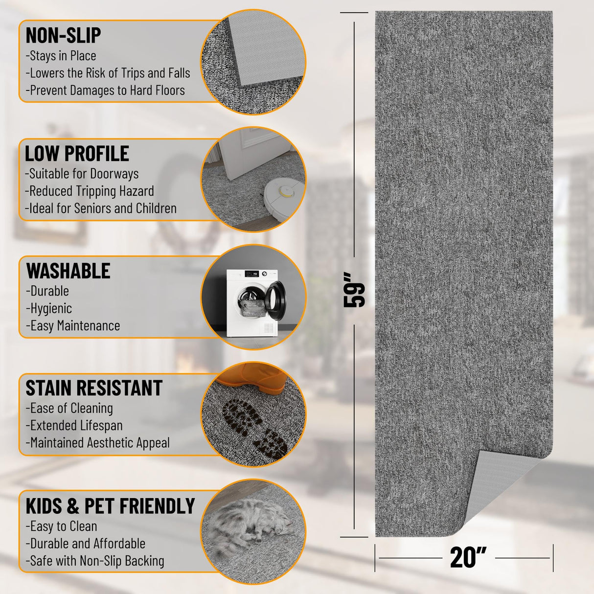 Ottomanson Washable 2x5 Non Slip Runner Rug, Ultra Thin Hallway Rug with Rubber Backing, Solid Design Rug for Kitchen Bedroom or Living Room, Gray, 20" x 59" Ottomanson