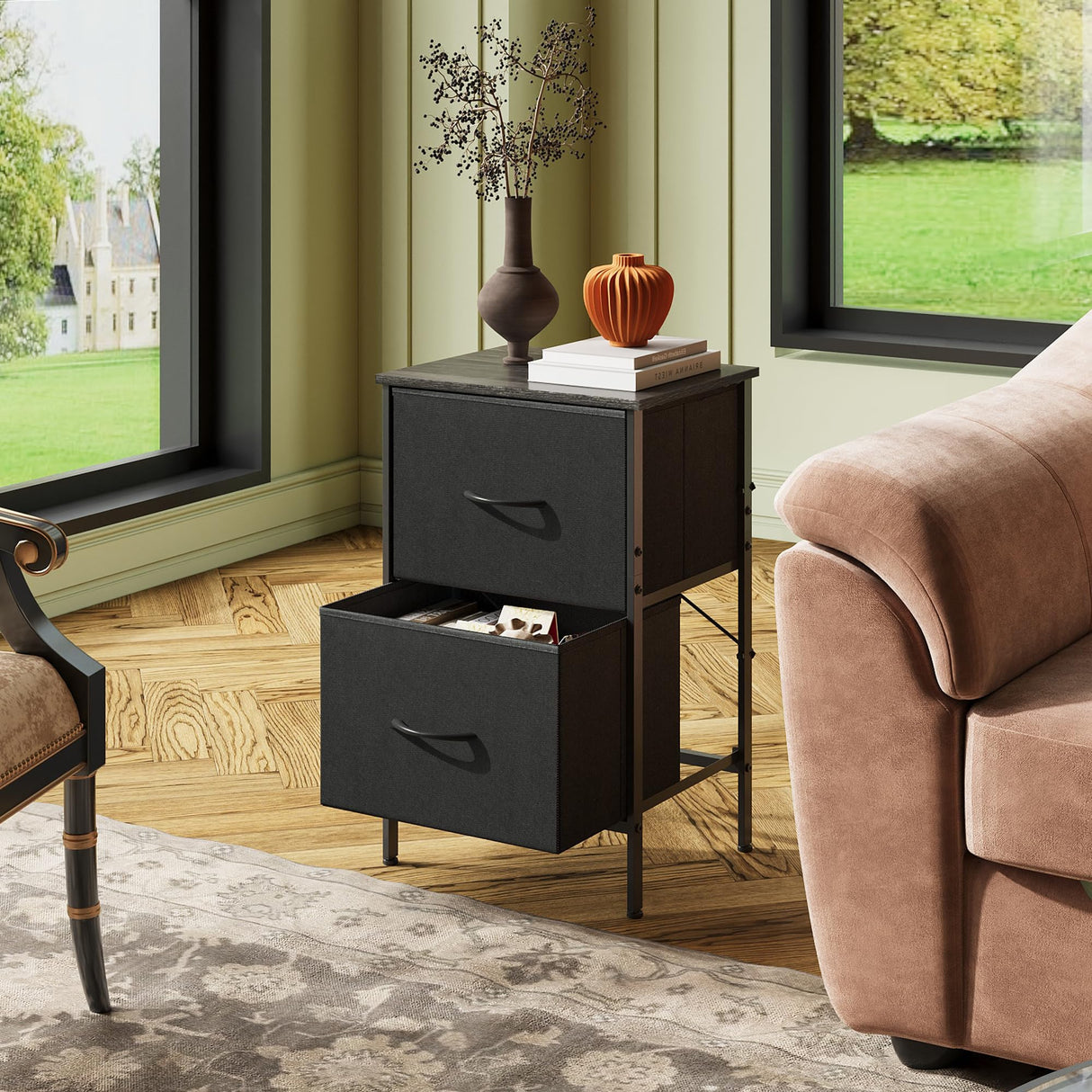 WLIVE Black Night Stand, Nightstand with 2 Drawers, Small Dresser for Bedroom, Bedside Table Furniture, College Dorm, End Table with Fabric Bins, Size L 24.9" H WLIVE