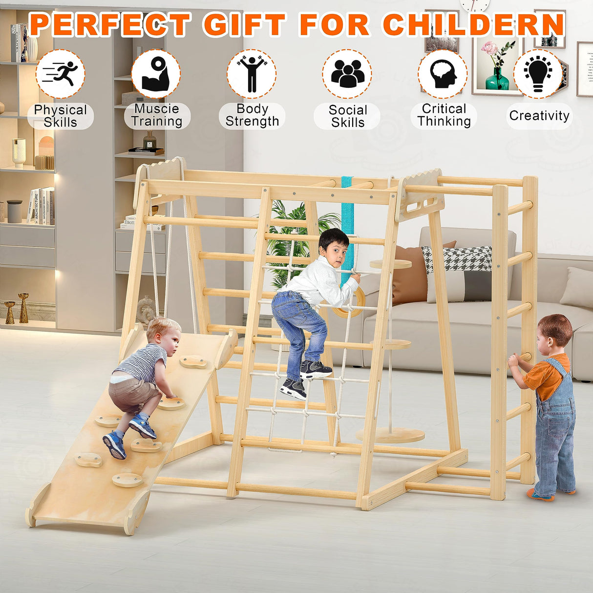 Jungle Gym, Toddler Climbing Toys, Indoor Playground Climbing Toys for Toddlers, Montessori Style Playground Sets for Backyards with Slide, Climbing Wall, Rope Wall Climber, Monkey Bars, Swing Wofafa