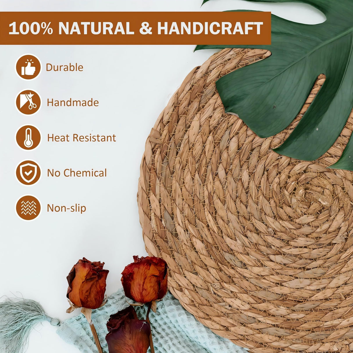 GENMOUS Woven Placemats Set of 10,12" Round Placemats Natural Water Hyacinth Boho Placemats,Farmhouse Rattan Chargers for Dinner Plates,Rustic Braided Wicker Table Mats for Dining Table,Home,Wedding GENMOUS & CO.