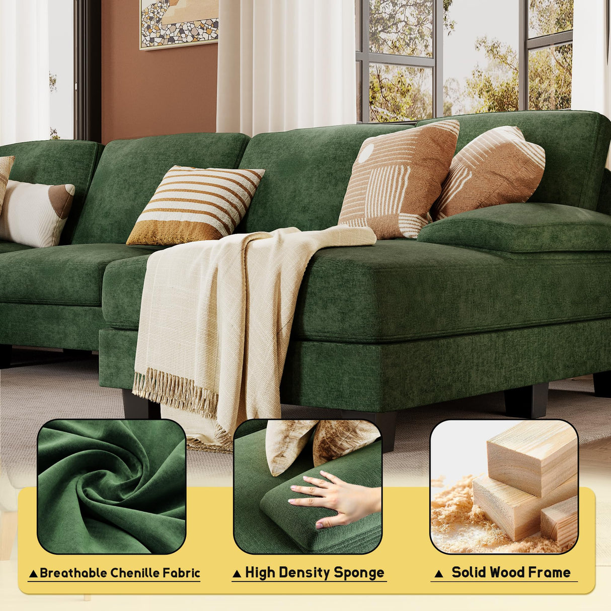 JUMMICO Sectional Couches for Living Room, U Shaped Couch with Chenille Fabric, 4 Seat Modern Sofa with Removable Pillows for Apartment and Small Space (Fabric, Green) JUMMICO