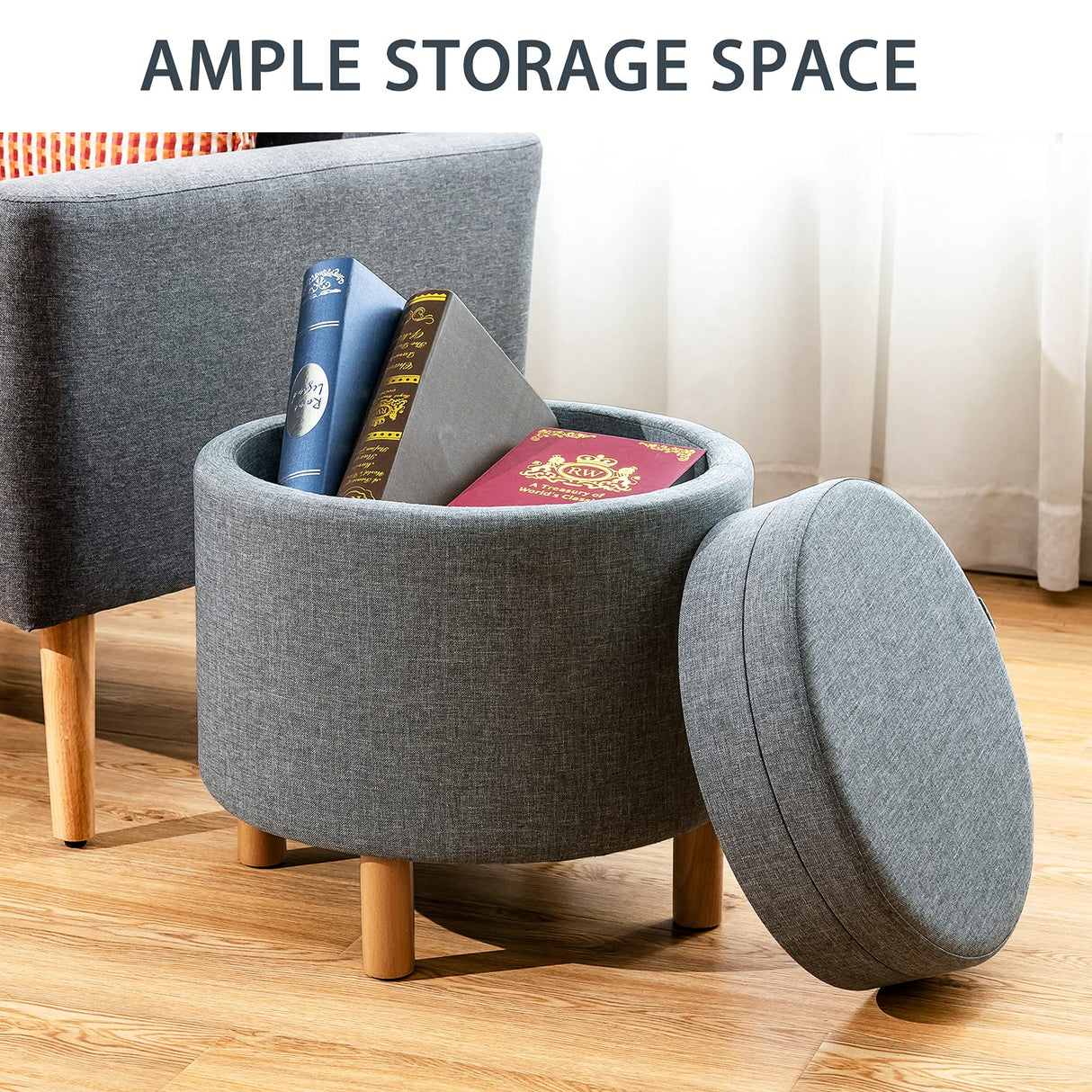 Giantex Round Storage Ottoman with Tray, Accent Storage Footstool w/Soft Padding, Fabric Sitting Stool w/Solid Wood Legs & Non-Slip Pads, Tray Top Coffee Table for Living Room, Bedroom (Grey) Giantex