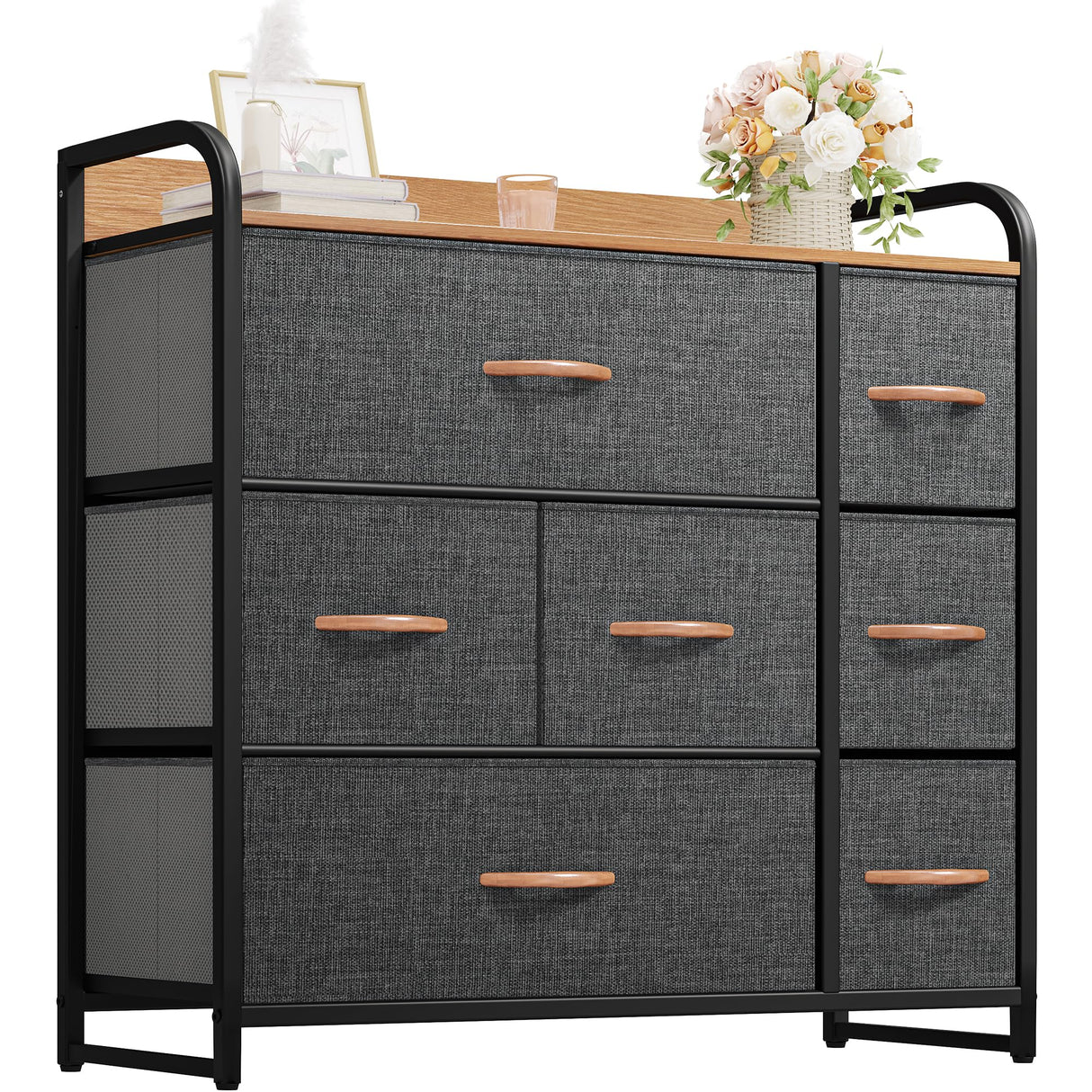 DWVO Fabric Dresser with 7 Drawers, Black Dresser & Chest of Drawers, Storage Tower with Large Capacity, Organizer Unit for Bedroom, Living Room & Closets DWVO