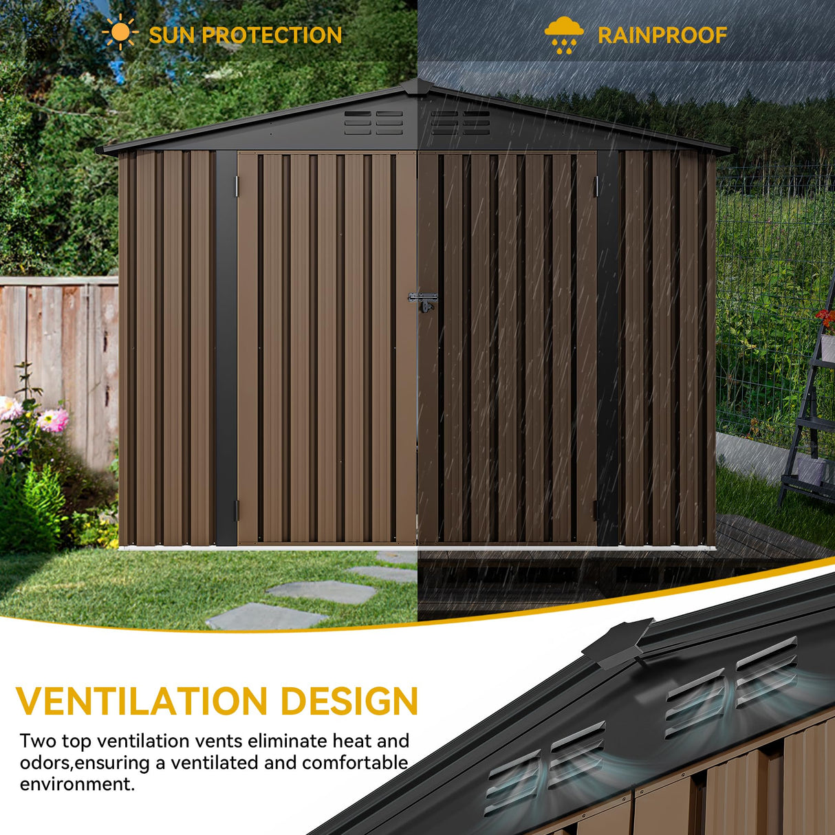 DWVO 8x6 FT Outdoor Storage Shed, Large Metal Tool Sheds, Heavy Duty Storage House with Lockable Doors & Air Vent for Backyard Patio Lawn to Store Bikes, Tools, Lawnmowers, Brown DWVO