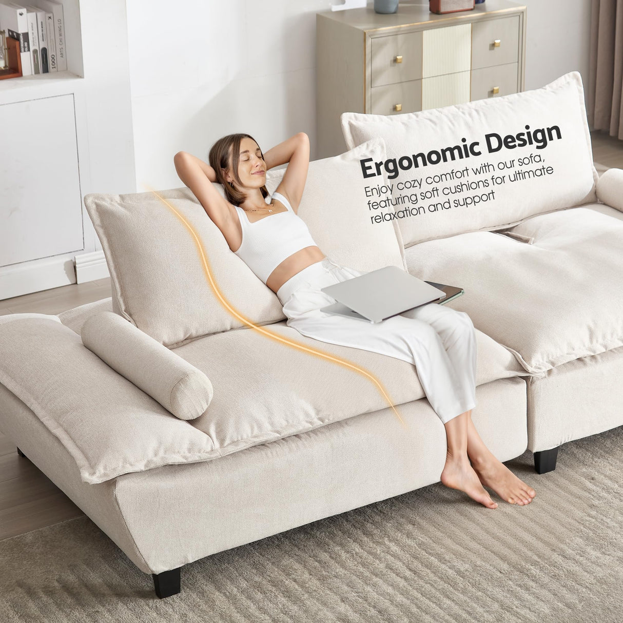 114” Modern Sailboat Loveseat Cloud Couch – Convertible Sofa Bed with Adjustable Depth, Deep Seats & Wide Armrests for Living Room, Apartment, or Small Spaces Beige smilesun