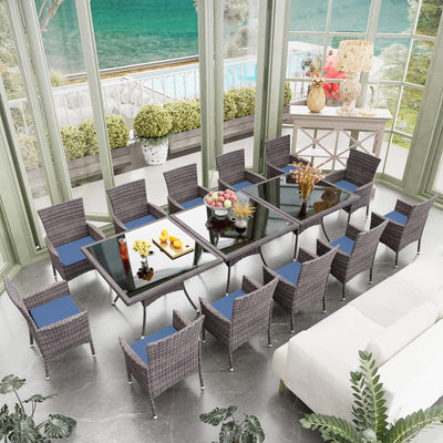 RTDTD 15 Pieces Patio Dining Set Outdoor Rattan Furniture Dinning Set with 3 Square Glass Tabletops 12 Chairs with Navy Blue Cushions for Patio, Backyard Outdoor Kitchen Lawn & Garden