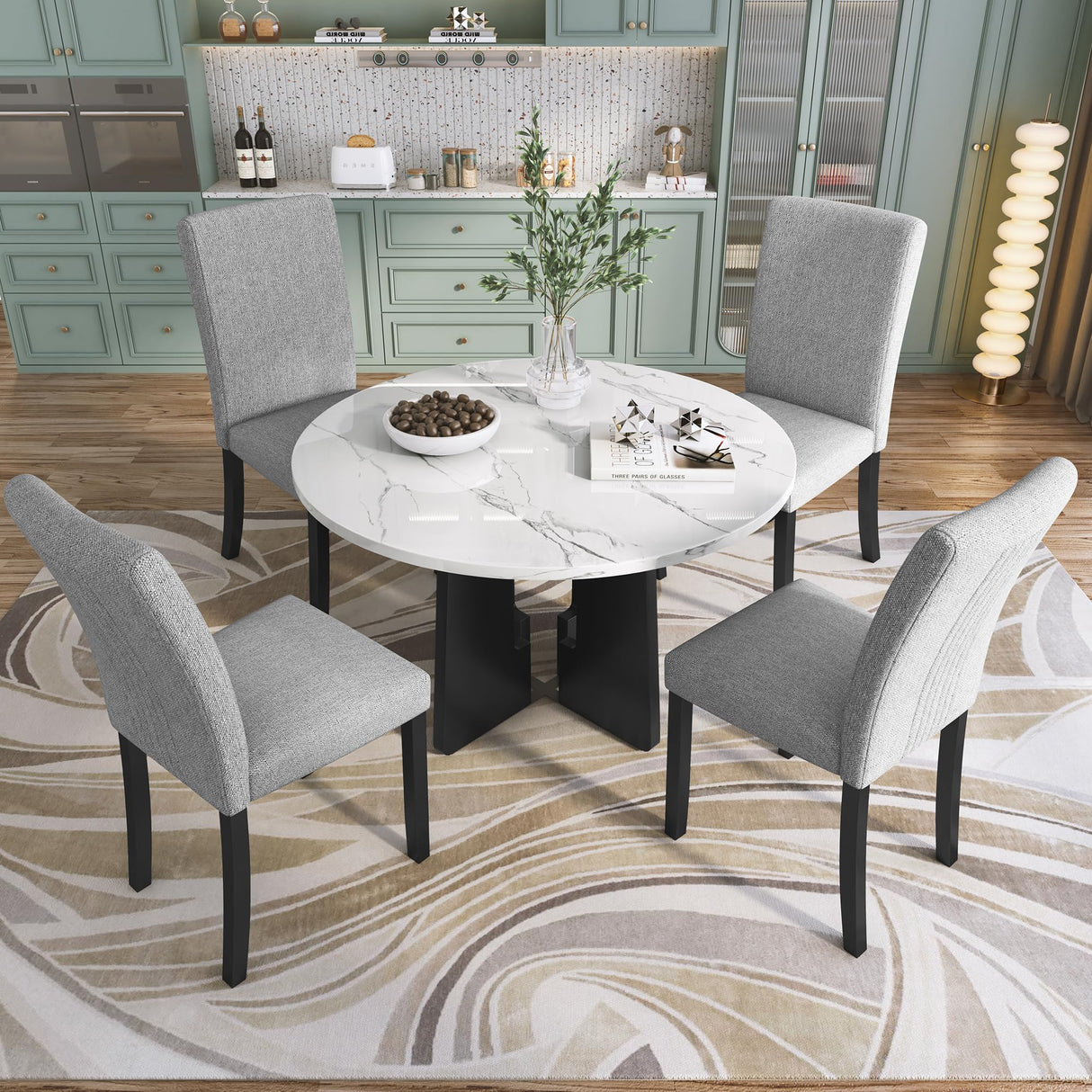 Merax 5-Piece Round Dining Table Set, Modern 4 Upholstered Chairs for Living,Kitchen Room, 43 Inch, White+Gray Merax