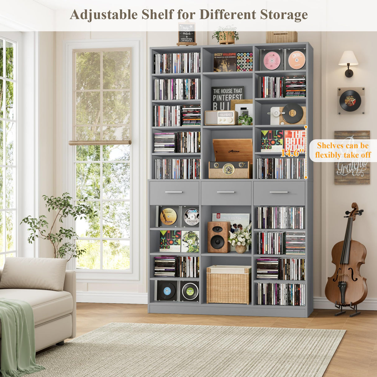 HOSTACK 75" Tall Book Shelf and Bookcase, 47" Wide Bookshelf with Drawers, Modern 9 Tier Bookcase with Storage, Large Wood Display Cabinet with Adjustable Shelves for Living Room, Home Office, Gray HOSTACK