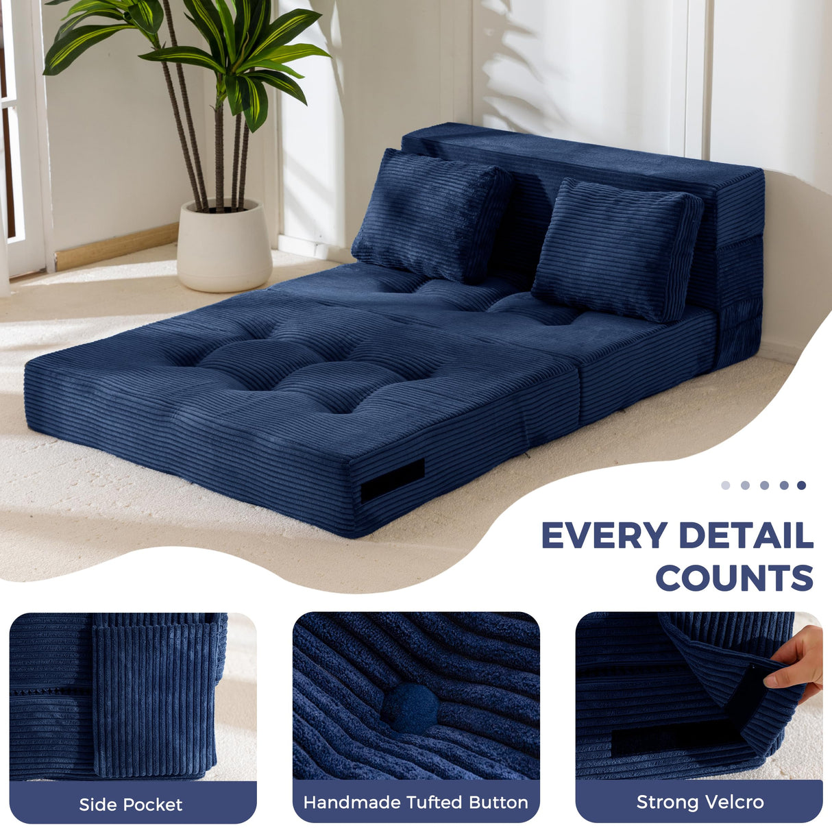 MAXYOYO Convertible Sofa Bed, Fold Out Loveseat Sleeper Sofa with Pillow, 4 in 1 Tufted Folding Couch Bed Foam Floor Couch, Lazy Chair for Living Room Bedroom Guest Room, Navy MAXYOYO
