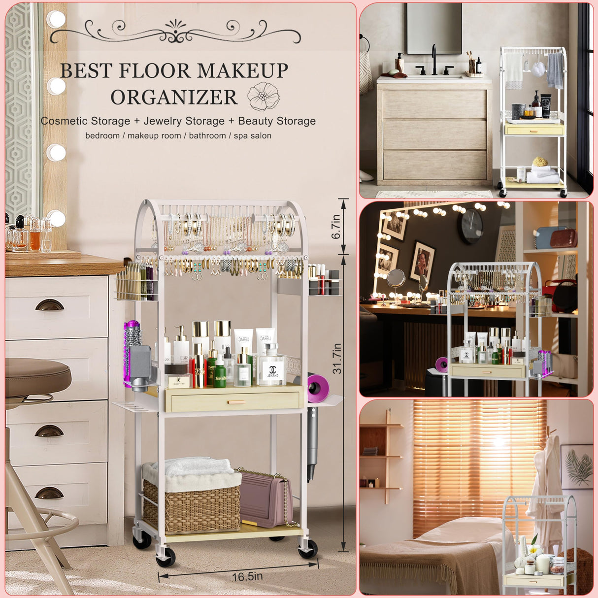 Xubialo Makeup Organizer Cart with Wood Drawers, Rolling Jewelry Holder Organizer and Storage- Hair Dryer Holder Hair Tool Organizer Jewelry Armoire Xubialo