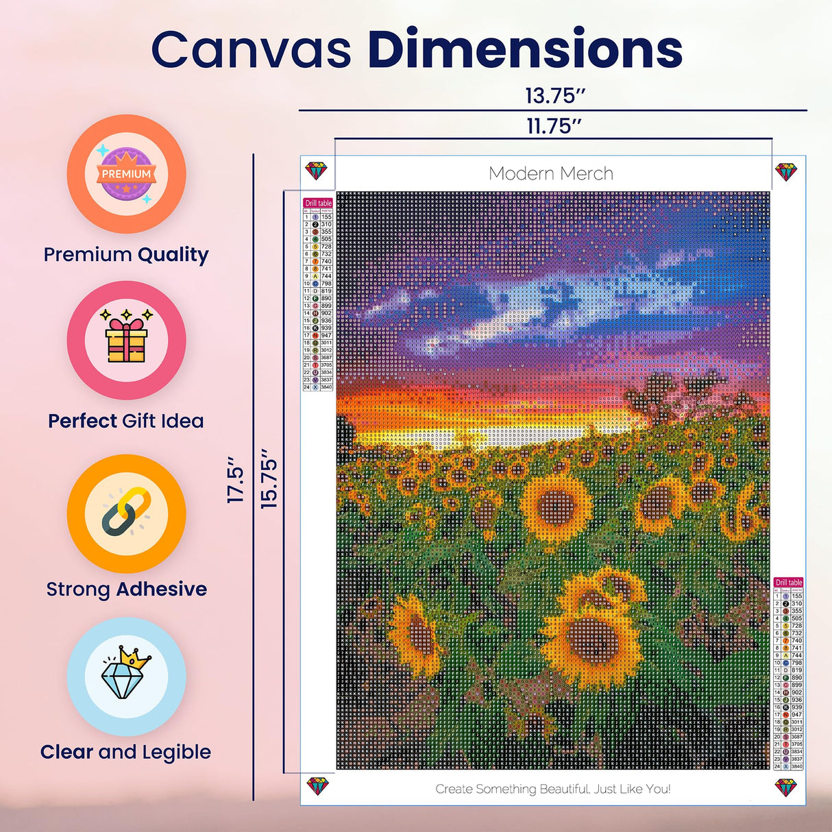 Modern Merch Sunflower Diamond Art Kits for Adults, Sunset Landscape 5D Diamond Painting for Adults, DIY Sunflower Wall Art Cross Stitch Kits, Full Round Drill 12x16in Modern Merch