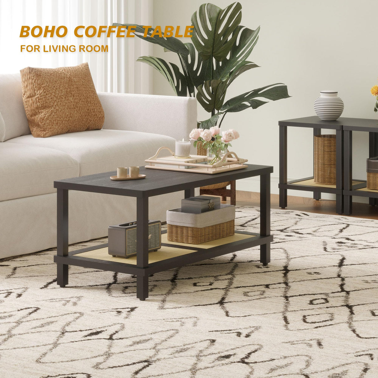 YAUKOMEL Rattan Coffee Table for Living Room,2-Tier Wooden Center Table with Hand Made Rattan Decorated,39.3 Inch Living Room Tbale with Rounded Corners,Boho Coffee Table,Easy Assembly Black LCT55BK YAUKOMEL