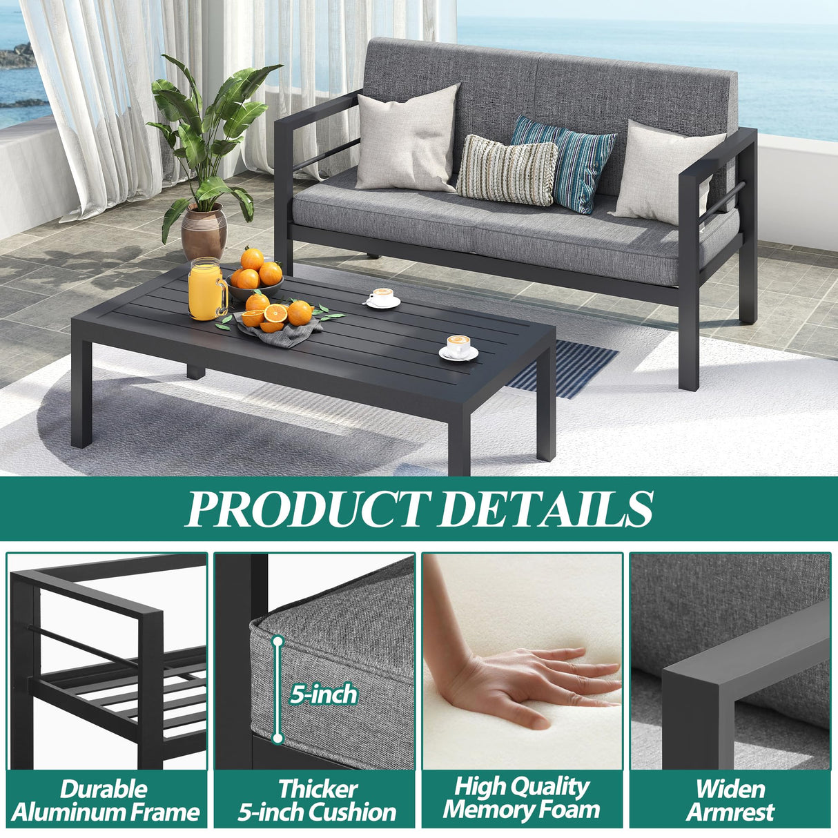 GARTOO Outdoor Aluminum Furniture Set - 5 Pieces Patio Conversation Sofa Sets with Upgraded Removable Cushion, Outside Sectional Sofas Sets with Coffee Table for Balcony, Backyard, Patio, Poolside GARTOO