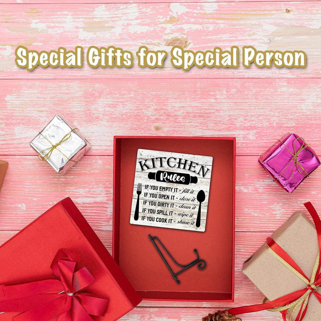 Rustic Wood Plaque with Stand - Kitchen Decor - Kitchen Rules Wood Sign - Idea Wooden Decor for Home Living Room Dining Room Shelf Table Decoration (31) DETIHO