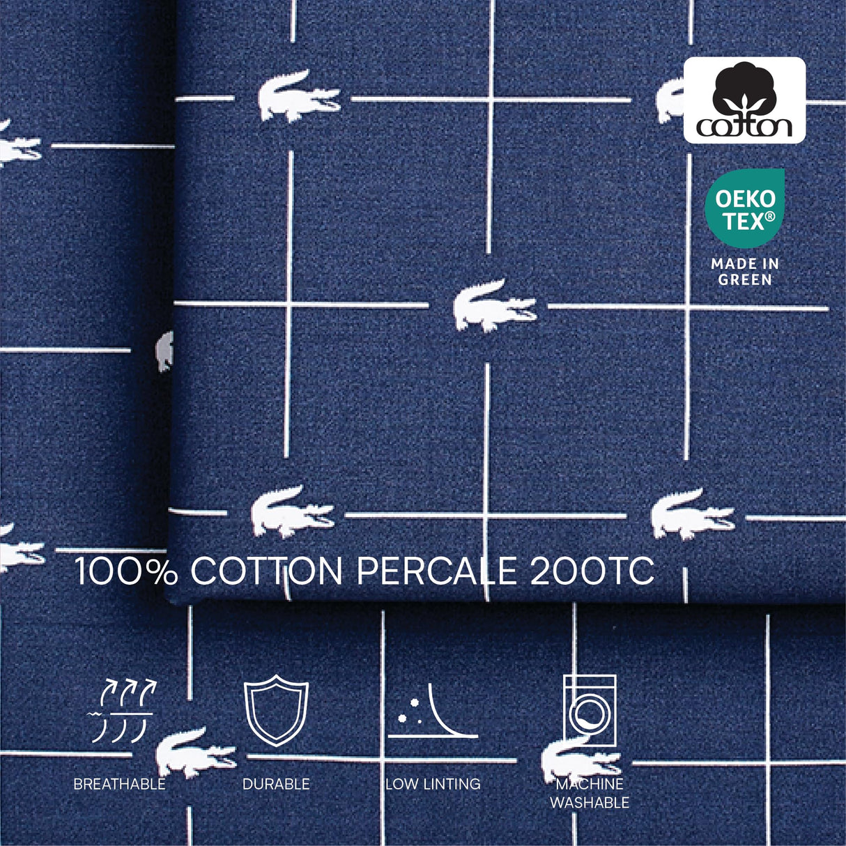 Lacoste 4-Piece Cotton Sheet Set, Slice, Vintage Indigo, Queen Lacoste