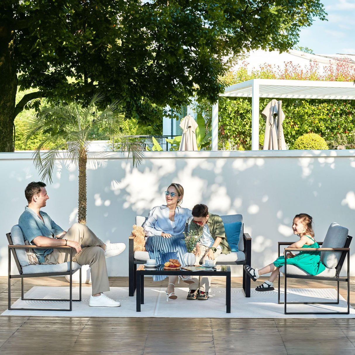 NATURAL EXPRESSIONS 4 Pieces Patio Furniture Sets,Outdoor Metal Sectional Furniture Modern Patio Conversation Set,Fuaxwood Anti-Scald Armrest,Sling Mesh,Tempered-Glass Table,4" Olefin Cushions NATURAL EXPRESSIONS