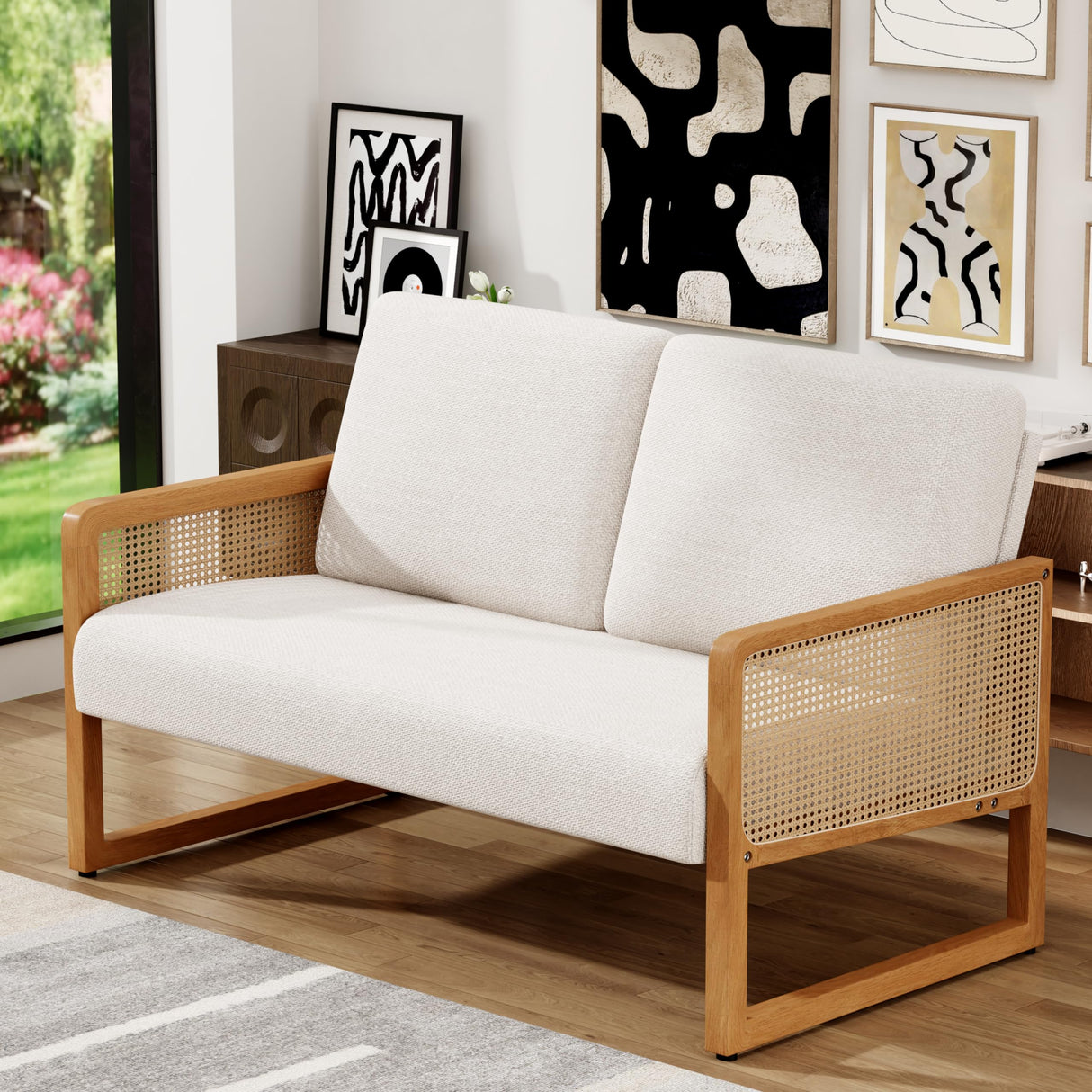 Apeaka Small Loveseat Sofa with Rattan Arms Linen Mini Couch for Living Room Bedroom Modern Upholstered Love Seat with Wood Legs Ivory Apeaka