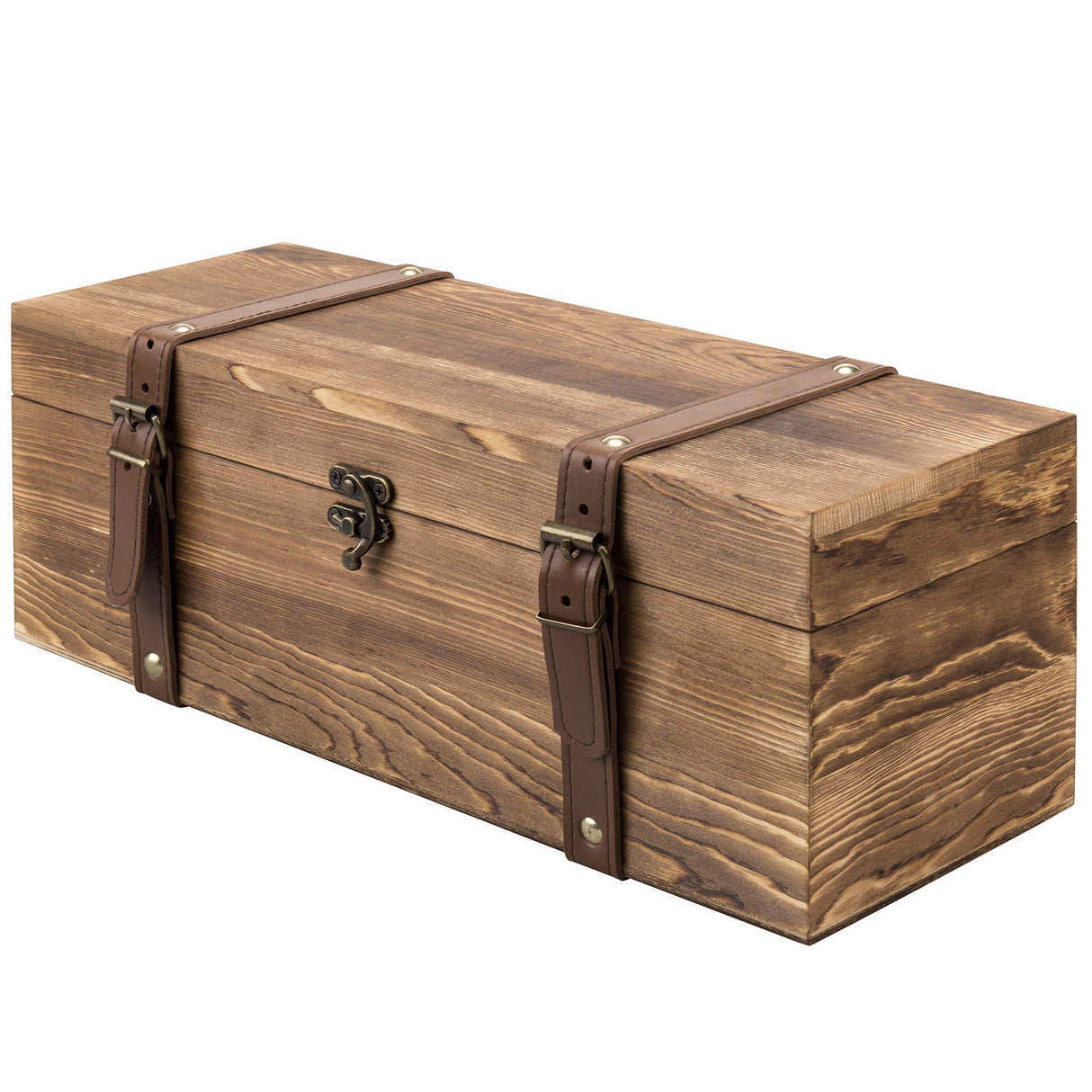 MyGift Vintage Brown Wood Single Wine Bottle Holder Gift Box with Leatherette Buckle Straps and Locking Latch MyGift