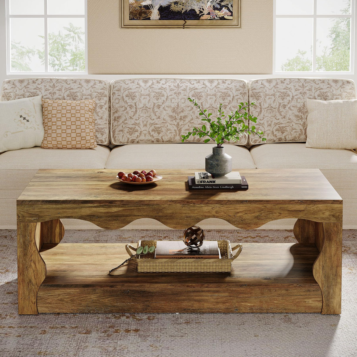 Tribesigns Rectangle Coffee Table, 47-Inch Farmhouse Coffee Tables for Living Room, 2-Tier Wooden Rectangular Accent Center Low Cocktail Tea Table with Open Storage Shelf, Rustic Brown Tribesigns