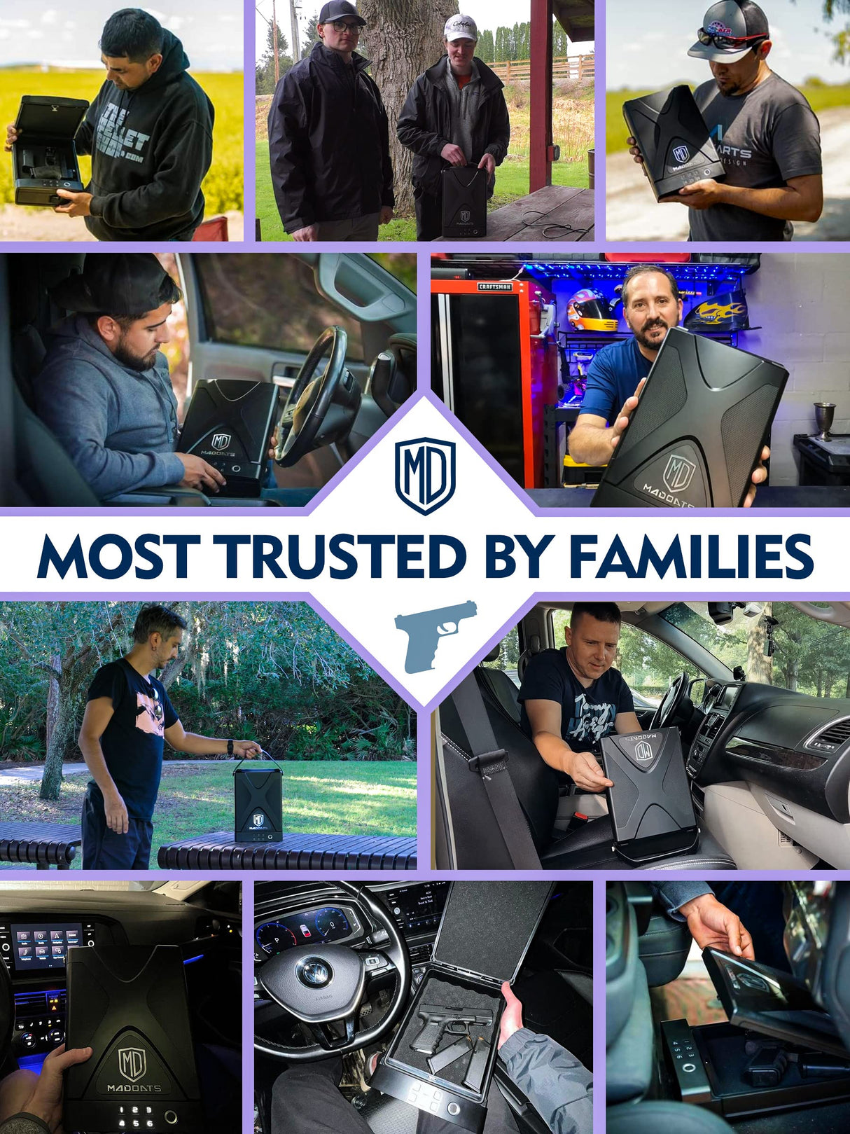 MD MADOATS Car Gun Safe, Portable Biometric Safes for Pistols with Cable, Fingerprint & Keypad & Key Access Handgun Lock Box for Vehicle Travel Home (Leather Logo) MD MADOATS