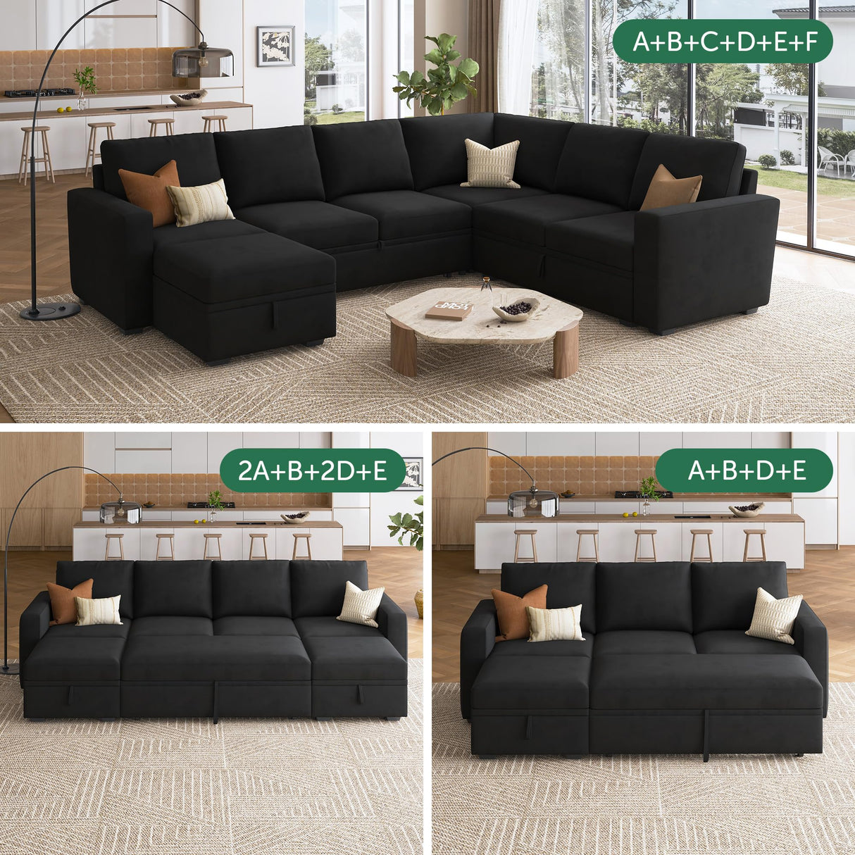 HONBAY Storage Ottoman Module for Sectional Sleeper Sofa with Pull Out Bed, Movable Footrest Ottoman for Modular Couch, Velvet Black HONBAY