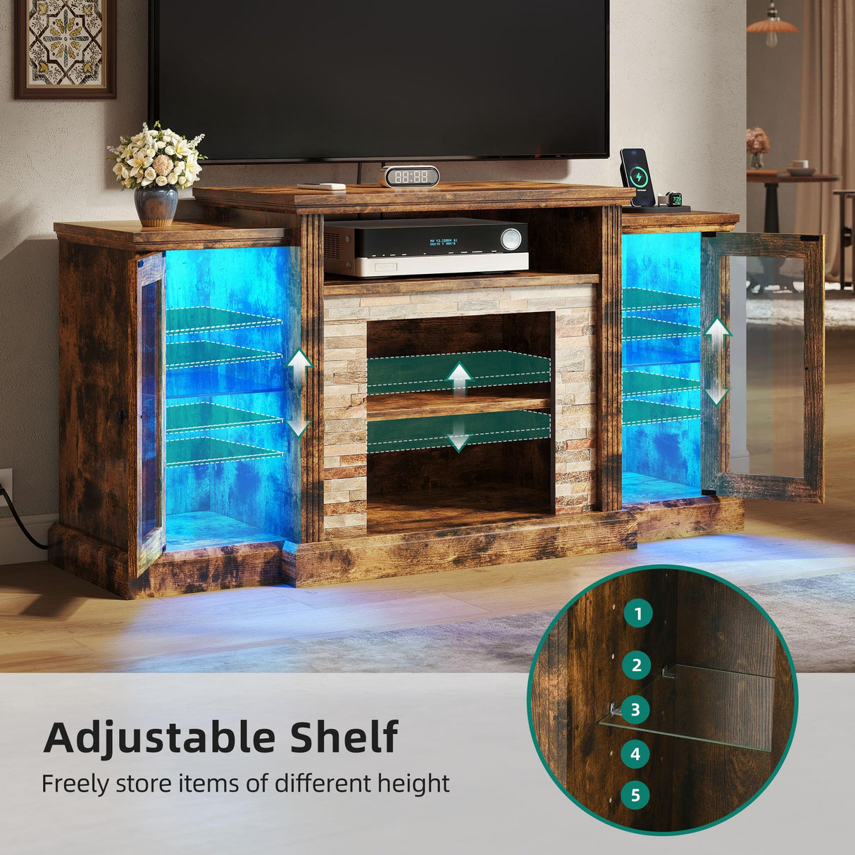 YITAHOME TV Stand for 65 Inch TV, Modern Entertainment Center with Power Outlet and LED Light, Farmhouse Media Console TV Cabinet with Adjustable Shelf & Glass Door for Living Room, 59'' Retro Brown YITAHOME