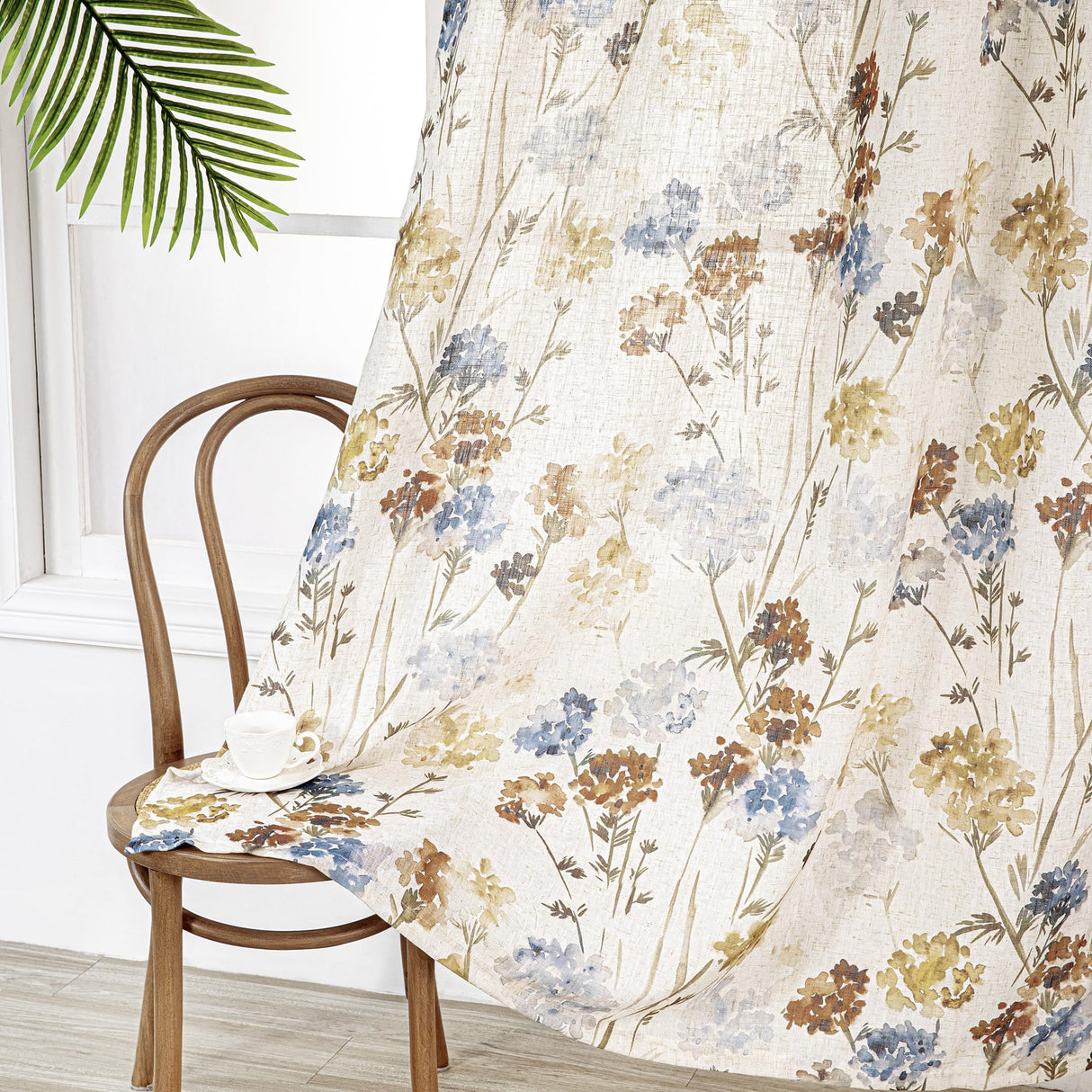 MYSKY HOME Floral Linen Curtains 84 inch Length 2 Panels Set Fall Patterned Semi Sheer Light Filtering Privacy Farmhouse Grommet Drapes for Living/Dining Room, Yellow, W52 x L84, Pack-2 MYSKY HOME