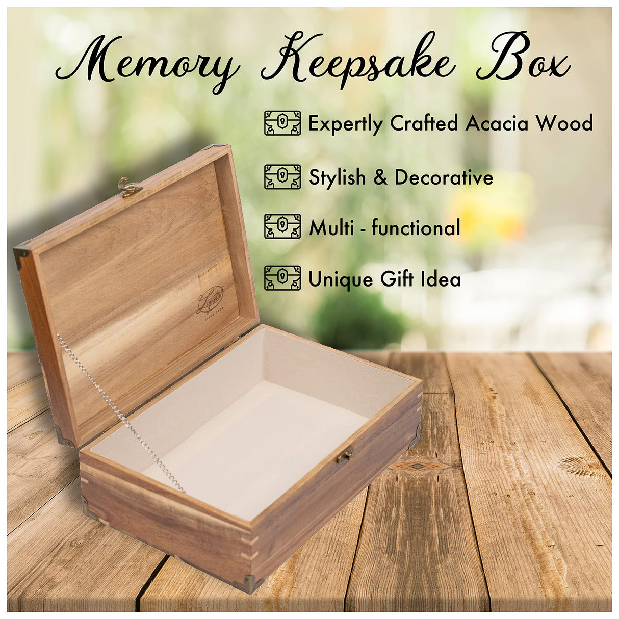 Lignotie Memory Keepsake Box - Large Wooden Box with Hinged Lid - Rustic Decorative Wood Storage Box with Chamois Leather Lining Lignotie