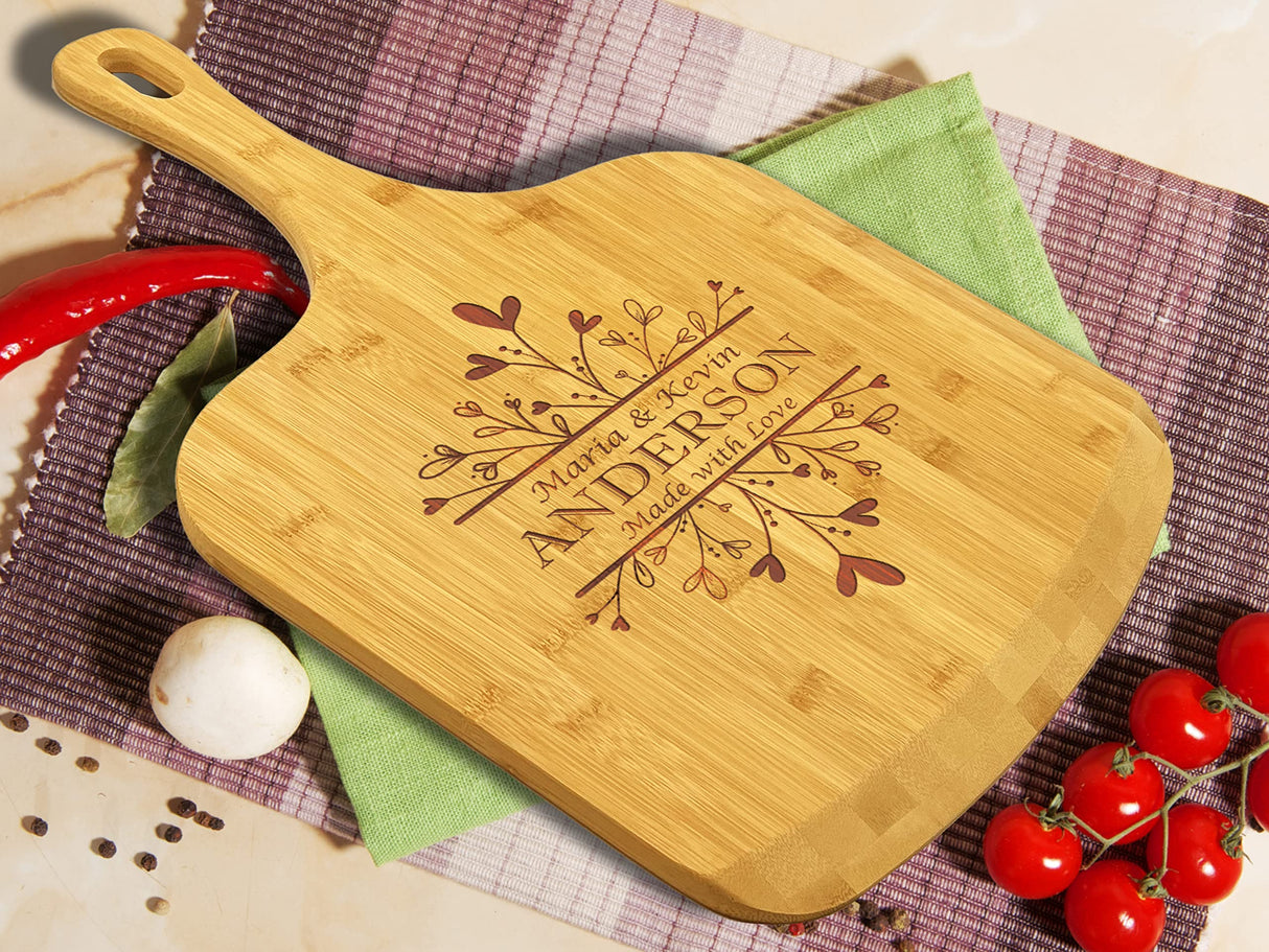 Personalized Bamboo Pizza Board with Handle Customized Wood Serving Cutting Pizza Board with Engraved Custom Name Monogram – Wedding, Anniversary, Housewarming, Birthday, Mom, Dad Gift WoodArtSupply
