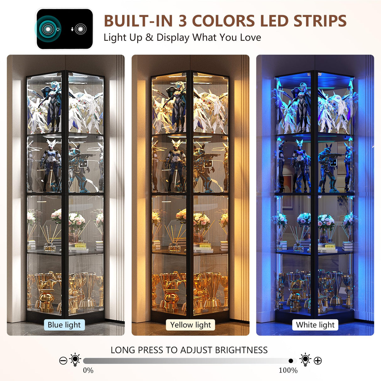 Display Cabinet with Glass Doors, 68" Corner Curio Cabinets with LED Lights, 4-Tier Glass Display Case for Collectibles/Toys/Books, Mirrored Storage Cabinet, Black Dystler