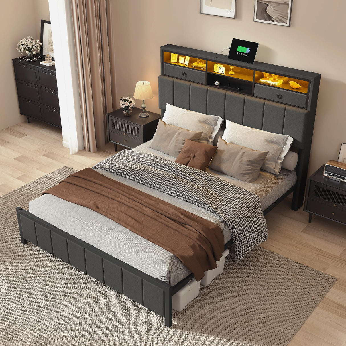 YITAHOME Full Size Bed Frame with Storage Headboard, LED Bed Frame with Drawers and Charging Station, Platform Bed with Sturdy Metal Support, No Box Spring Needed, Grey YITAHOME