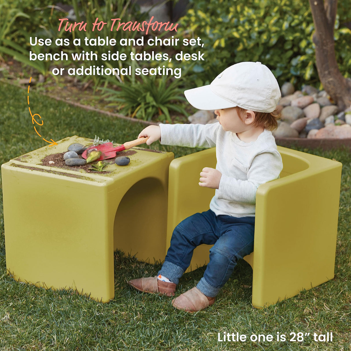 ECR4Kids Tri-Me Table and Cube Chair Set, Multipurpose Furniture, Fern Green, 3-Piece ECR4Kids