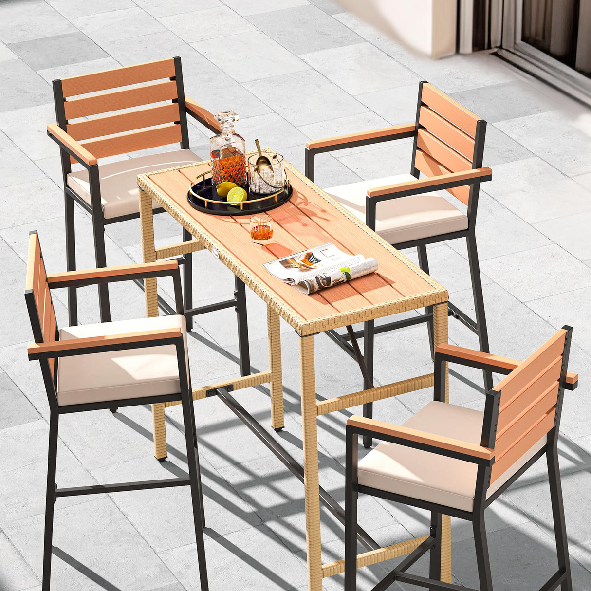 YITAHOME 5-Piece Light Brown Outdoor Wicker Bar Table Set with Chairs for Stylish Patio Dining YITAHOME