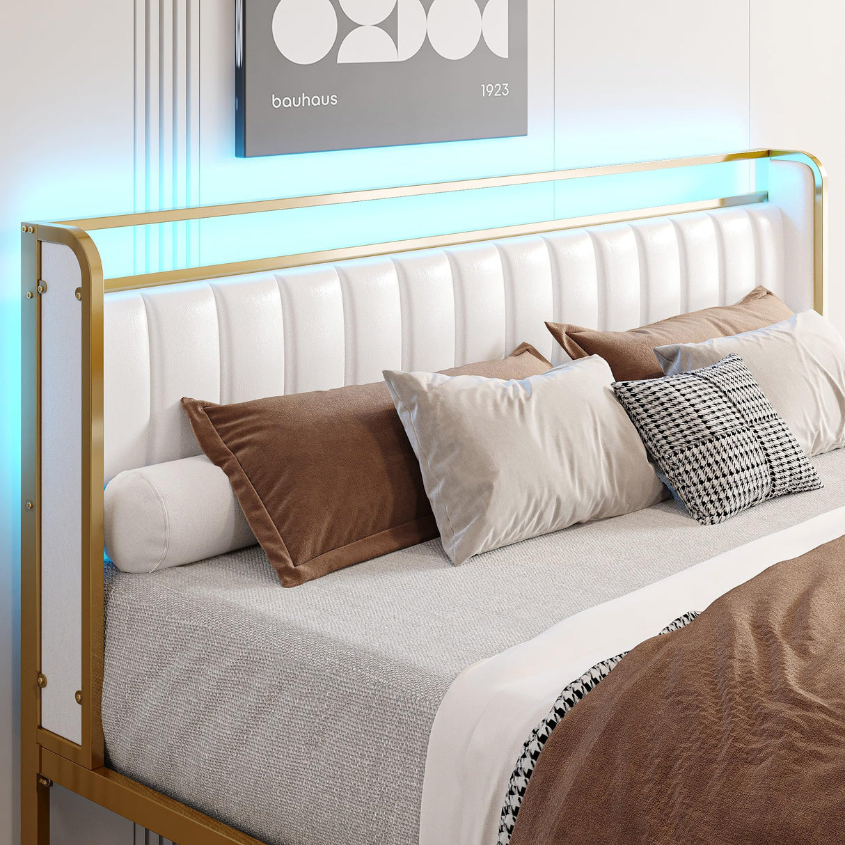 LIKIMIO Queen Bed Frame with Armrests Headboard & RGB Light, Upholstered Queen Size Bed Platform with Drawers, No Box Spring Needed, Study & No Noise, Modern Gold and White LIKIMIO