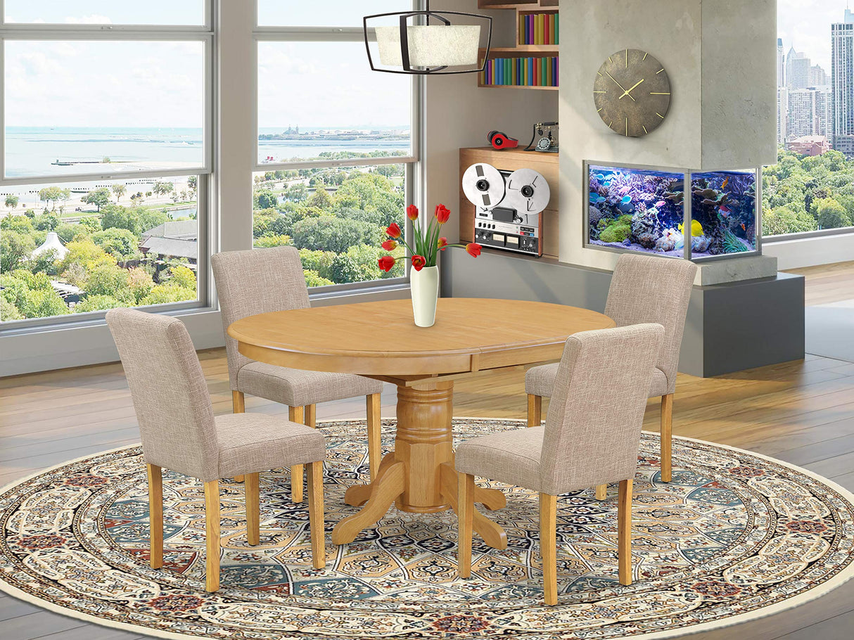 East West Furniture AVAB5-OAK-04 5 Piece Dining Room Table Set Includes an Oval Kitchen Table with Butterfly Leaf and 4 Light Tan Linen Fabric Parson Dining Chairs, 42x60 Inch, Oak East West Furniture