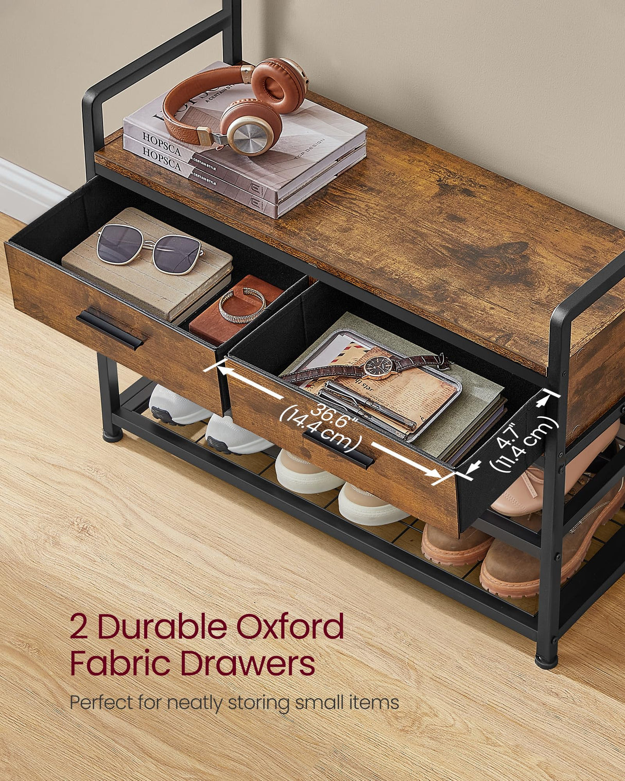 VASAGLE Hall Tree with Bench and Shoe Storage, Entryway Coat Rack with Shoe Bench, 2 Fabric Drawers, 10 Hooks, 11.8 x 31.7 x 71.5 Inches, Vintage Brown and Ink Black UHSR429B01 VASAGLE