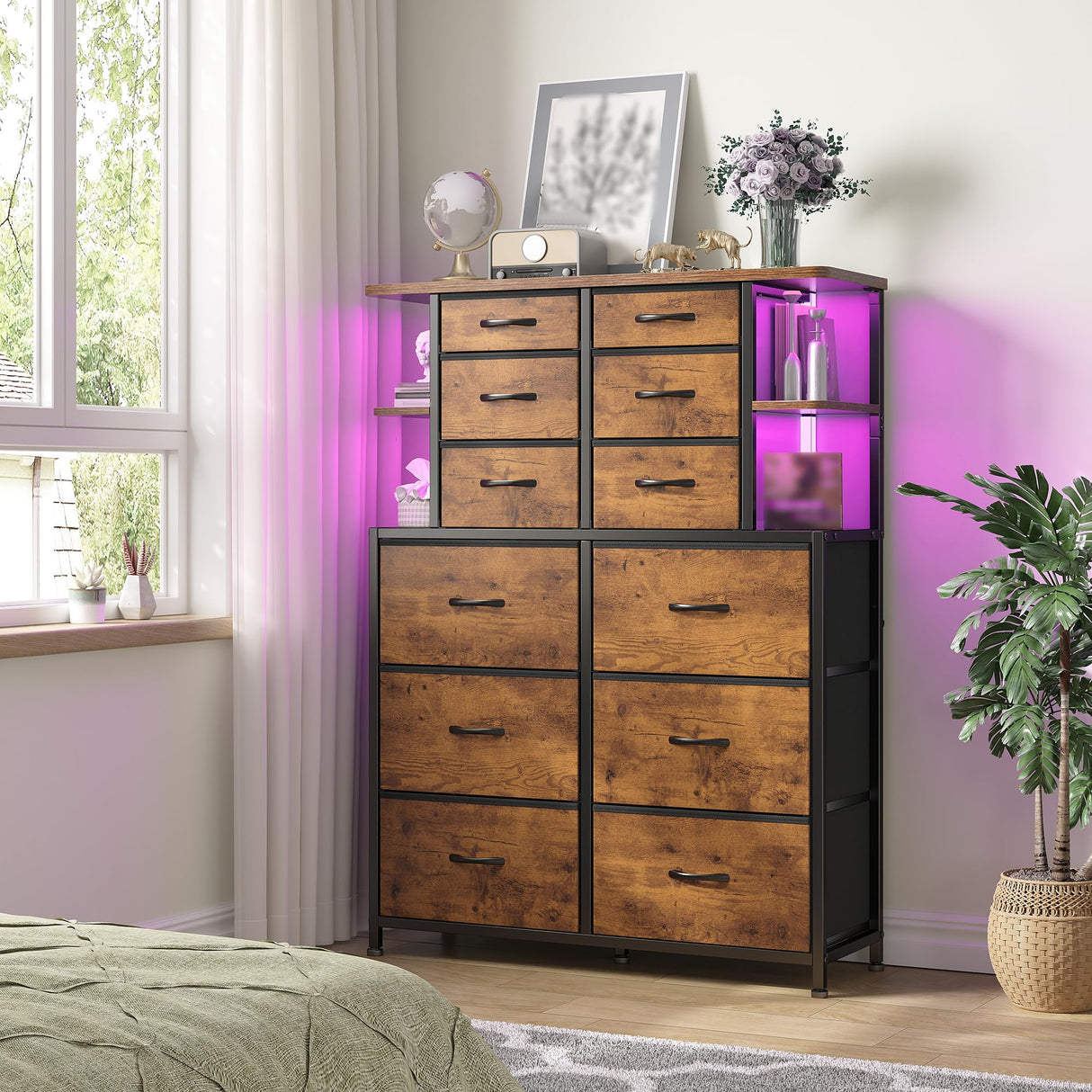 EnHomee Dresser for Bedroom with LED Lights, 12 Drawers Bedroom Dresser, Dresser and Tall Dresser with Open Shelves, Fabric Dressers & Chests of Drawers with Sturdy Metal Frame, Rustic Brown EnHomee