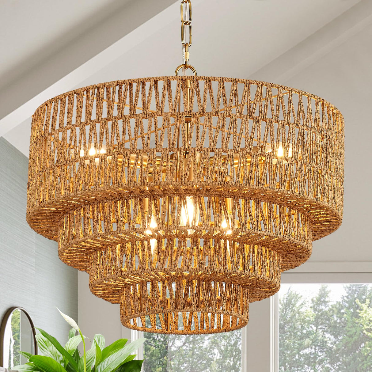 YOMECOO 19.7" Hand-Woven Rattan 6-Light Farmhouse Boho Bamboo Chandelier Light Fixture Retro Drum Wicker Golden Chandelier for Dining Room, Kitchen, E12 YOMECOO
