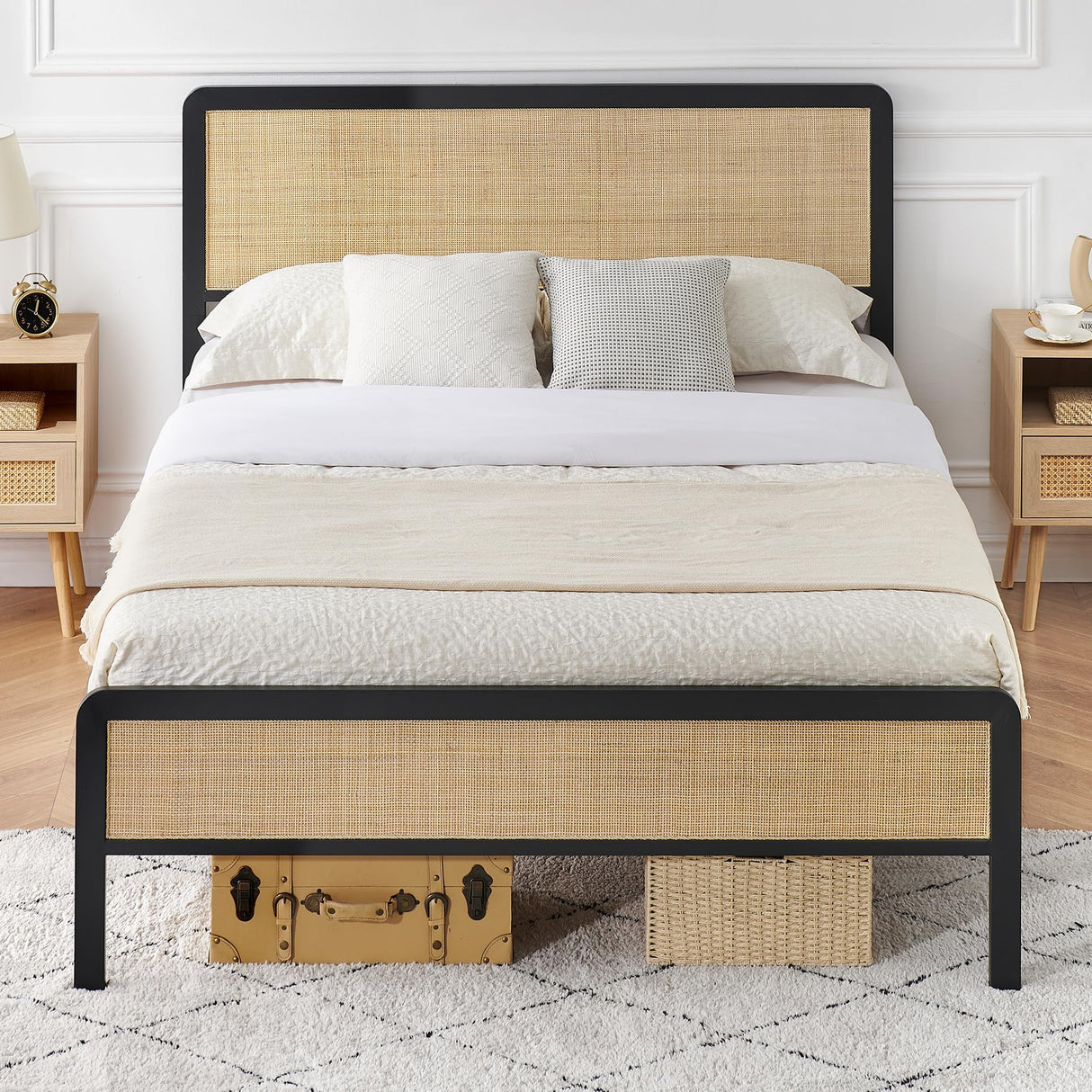 IDEALHOUSE Queen Metal Bed Frame with Rattan Headboard and Footboard, Strong Metal Slat Support, No Box Spring Needed, Queen Size, Black & Oak (Full((U.S. Standard)) IDEALHOUSE