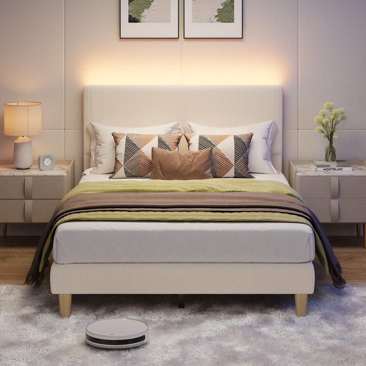 Bestier Full Bed Frame with Adjustable Headboard, LED Lighting, Vertical Channel Tufted Corduroy Upholstered, Solid Wooden Slats Support, No Box Spring Needed, Never Squeaks, Easy Assembly, Beige Bestier