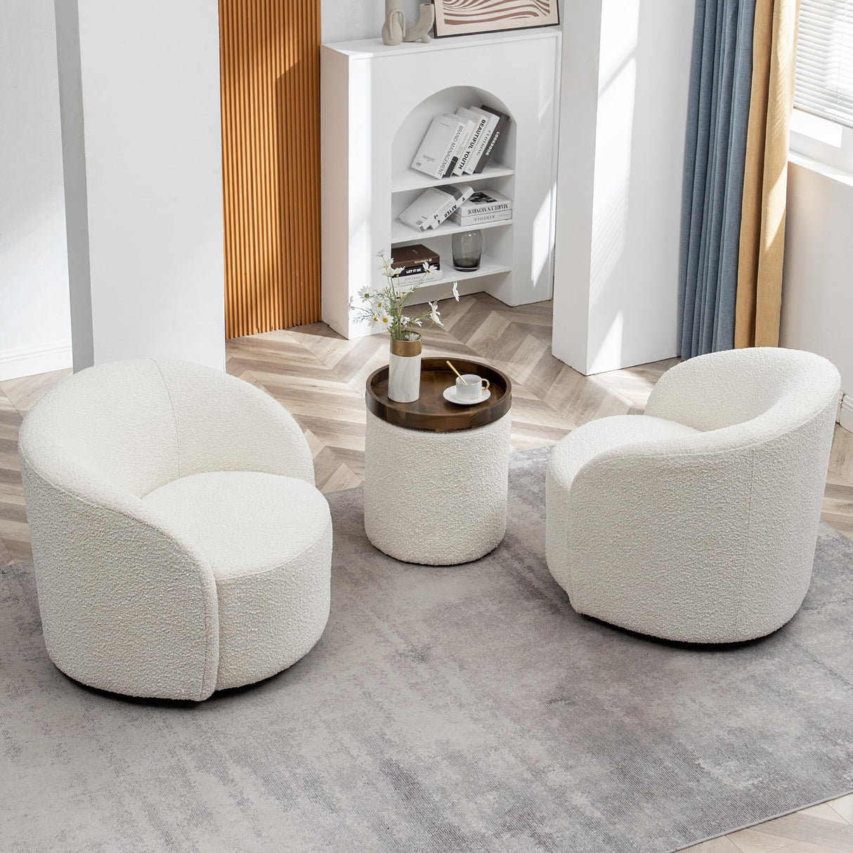 KINWELL 34" W Swivel Barrel Chair Set of 2, Mid Century Modern Round Upholstered Boucle Swivel Accent Chairs, No Assembly Sofa Chair for Living Room Bedroom Reading, Cream KINWELL