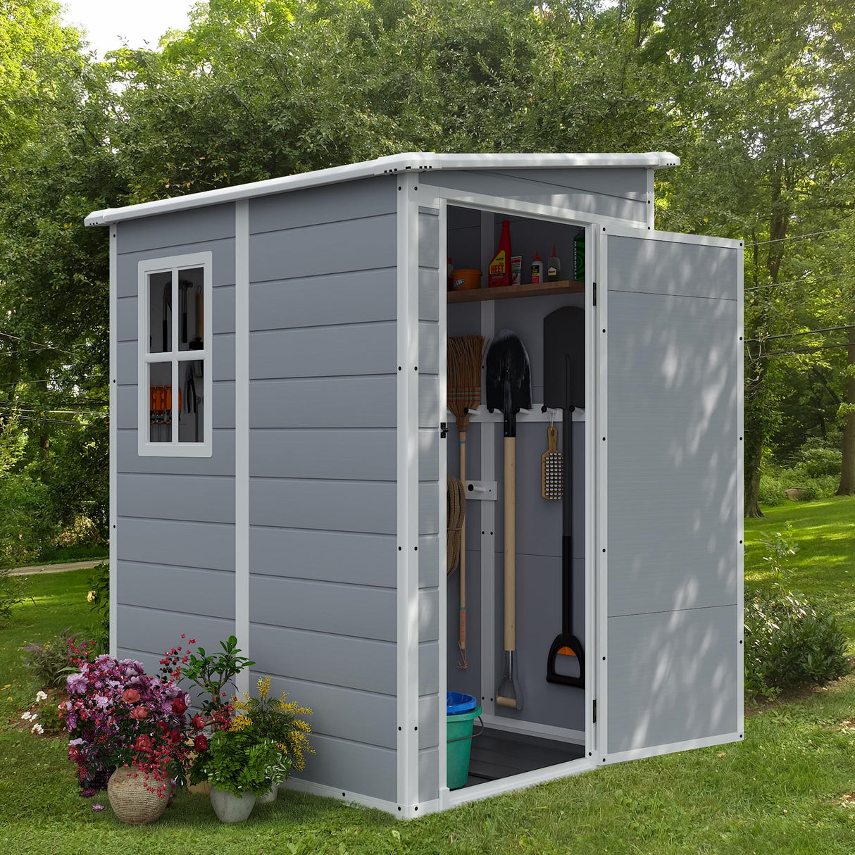 JUMMICO Outdoor Storage Shed, 5 x 4 FT Resin Shed with Floor and Lockable Door, Plastic Garden Tool Outside Sheds for Patio Backyard Lawn JUMMICO