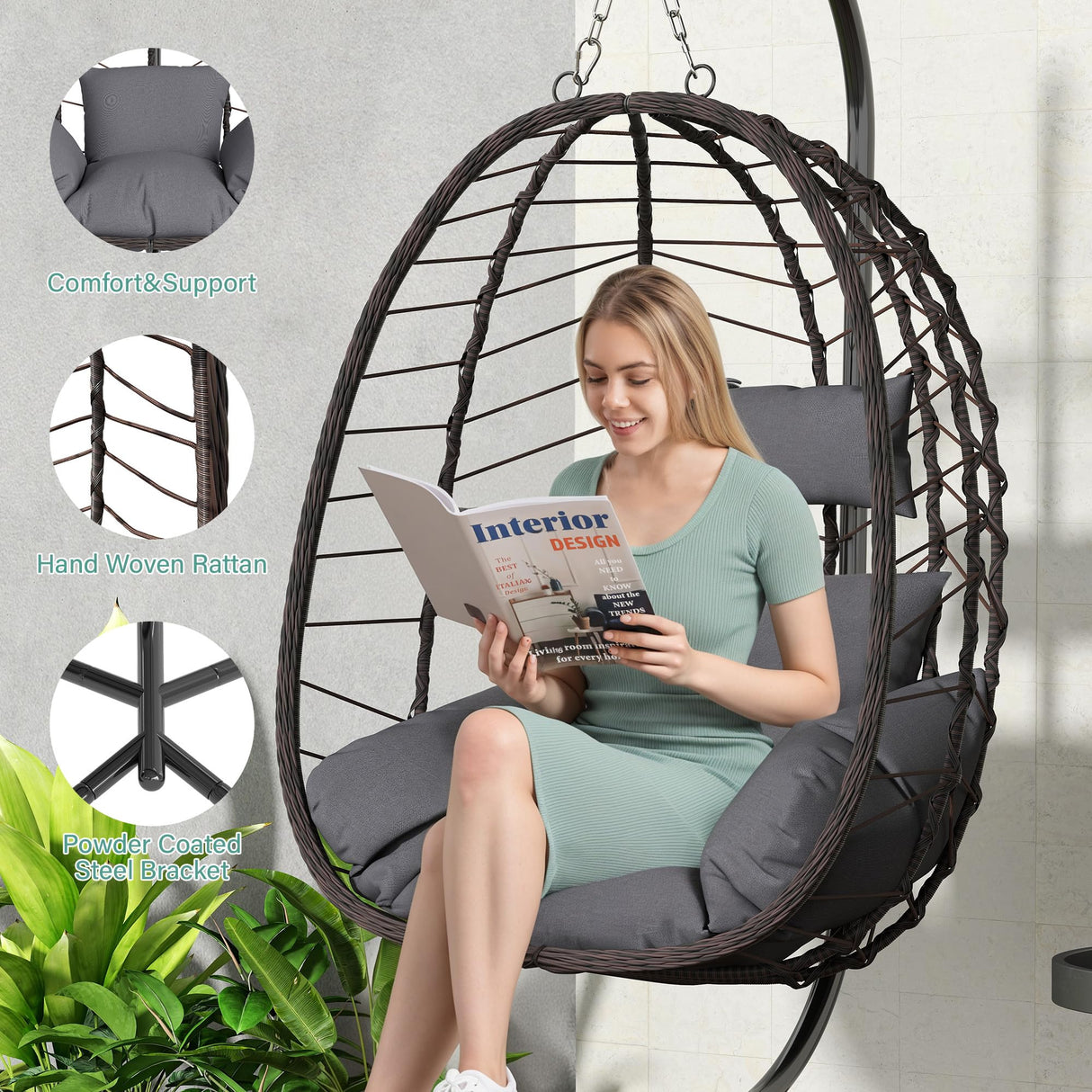 Hanging Egg Chair with Stand, Swinging Egg Chair Outdoor Indoor, Hanging Basket Chair with Cushion, Patio Wicker Hammock Chair 350lbs Capacity for Bedroom, Porch, Balcony, Backyard, Garden (Grey) LEX CRAFT