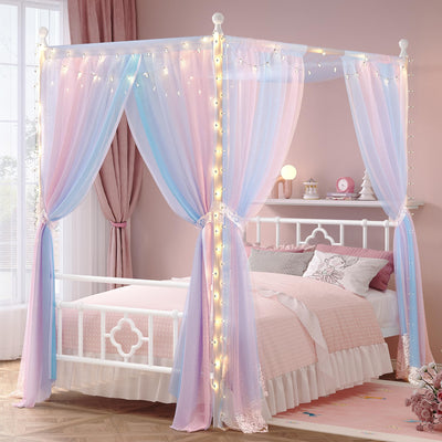 Homkdom Canopy Bed Frame with Storage Headboard, Full Size Bed Frame with 4 Removable Posts, Sturdy Metal Platform with Under-Bed Storage, Dual Purpose Bed Frame, No Box Spring Needed, White