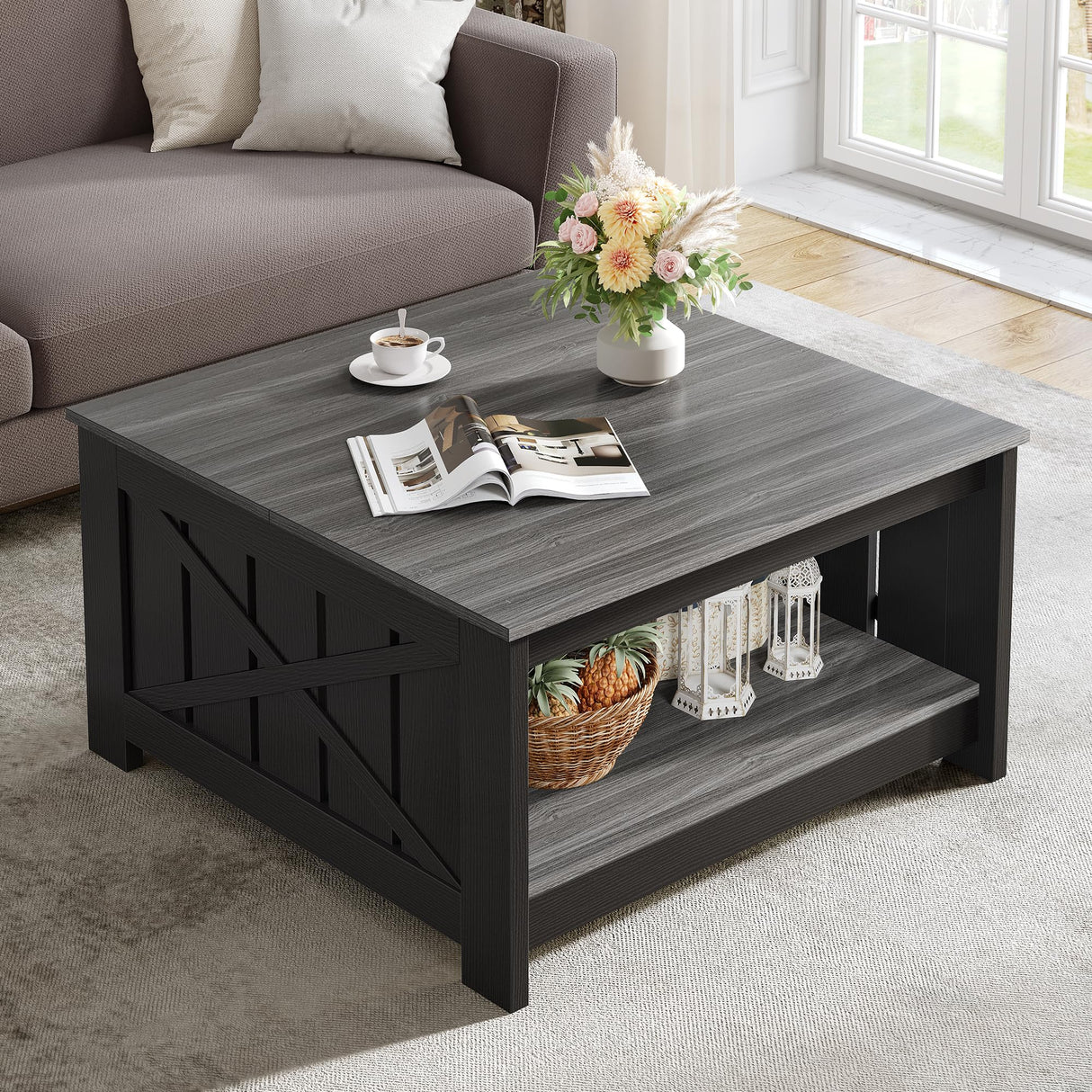 YITAHOME Coffee Table Farmhouse Coffee Table with Storage Rustic Wood Cocktail Table,Square Coffee Table for Living Meeting Room with Half Open Storage Compartment,Grey and Black YITAHOME